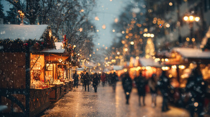 Magical Christmas market scene with festive wooden stalls, snowfall, and glowing holiday lights