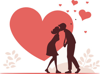 A romantic couple's silhouette kissing against a large red heart