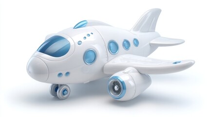 Naklejka premium A colorful toy airplane showcases a sleek design with vibrant blue accents. Its rounded shapes and playful features encourage children's imaginative play and creativity.