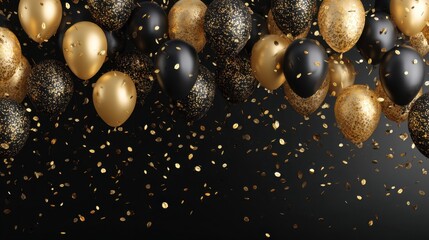 Festive black and gold balloons float against a dark background creating a cheerful atmosphere. Gold confetti falls around enhancing the joyful celebration for parties or events.