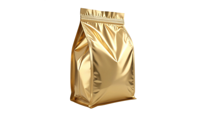 Golden Foil Pouch Packaging Bag with Zipper Lock Isolated on Transparent Background
