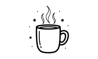 Hot beverage mug with steam and snowflakes, cozy winter season drink