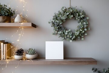 Minimalist Floating Wooden Shelves Decor: Cozy Scandinavian style interior featuring a eucalyptus wreath, warm fairy lights, and a blank square card mockup template on a gray wall.
