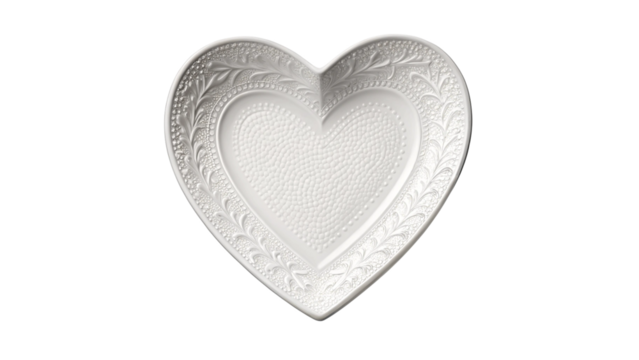 White Heart Shaped Porcelain Plate with Relief Pattern Isolated on Transparent Background - Powered by Adobe