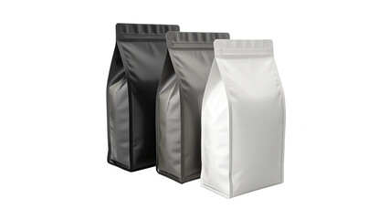 Set of Blank Doypack Pouches in Black Grey and White Isolated on Transparent Background