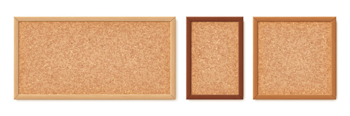 Office cork boards, bulletin, pin and notice corkboards in brown wood frames. Empty wooden bulletin corkboards with realistic cork pattern textures. Pinboards and noticeboards set for memo notes