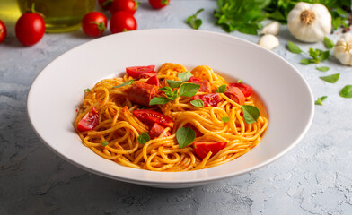 Pasta with sausage - octopus spaghetti - Turkish name; sosisli spagetti