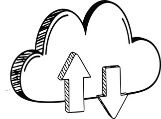 3D cloud computing icon showing upload and download arrows on a technology network background