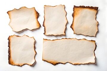 Fototapeta premium Burnt edge paper pieces on white background, blank and aged for vintage, craft, or storytelling design