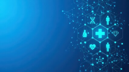 Digital healthcare technology network with interconnected medical icons on blue background