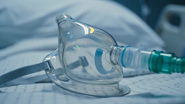 Medical oxygen mask for respiratory support in a hospital.