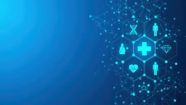 Digital healthcare technology network with interconnected medical icons on blue background
