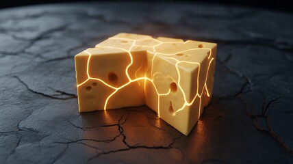 Cheese block with glowing fractures abstract concept for food and design art