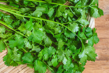 パクチーの束を竹ざるに並べた写真