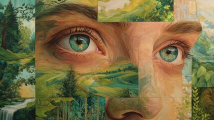 A vibrant artwork showcases human eyes surrounded by lush greenery and serene landscapes illustrating a deep bond between humanity and nature. The intricate details invite contemplation.