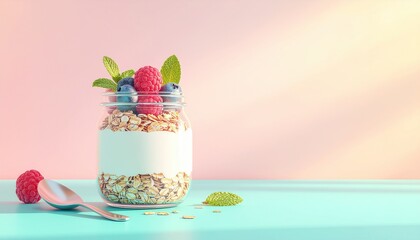 Healthy Breakfast Yogurt Parfait with Fresh Berries and Granola in a Jar.