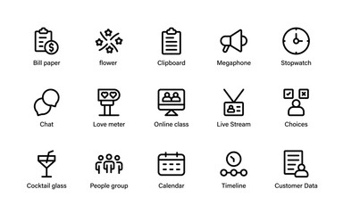 Digital event planning icons. registration, live streaming, networking, and feedback tools modern outline set.