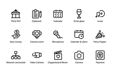 Event coordination and festivity icons. planning tools, guest experience, venue logistics, and celebration milestones modern symbol set.
