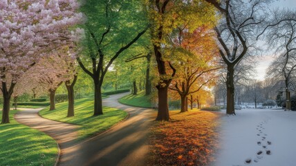 Fototapeta premium Four seasons park pathway displaying spring summer autumn winter transitions