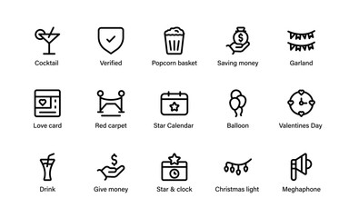 Festival and social gathering icons. concert, wedding, conference, and party planning essential line symbols.