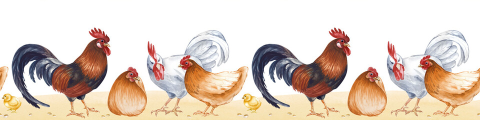 Horizontal seamless curb with painted sitting and standing on the sand. Watercolor illustration of a poultry yard on an isolated background. Realistic brown hens, white and dark roosters and chickens