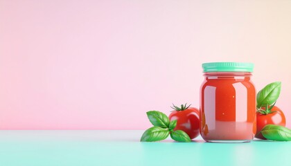 Glass jar of fresh tomato sauce with ripe tomatoes and basil leaves on a colorful background.