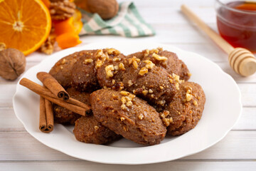 Close-up of homemade greek traditional melomakarona cookies