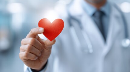 Close-up of Doctor Displaying Red Heart Cutout to Illustrate Heart Function and Disease Prevention in a Healthcare Setting