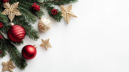 Festive Christmas Decorations with Pine Branches, Red Berries, and Ornaments on a White Background