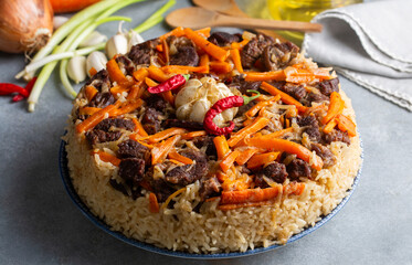 Homemade Uzbek pilaf or plov