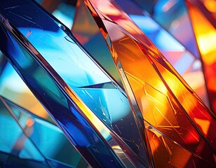 Close-up of colorful, angular glass panes illuminated with vibrant blue, orange, and red lighting