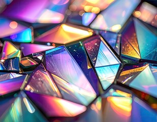 Close-up of fragmented, multicolored glass refracting light, creating intricate, vibrant geometric forms