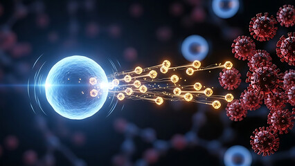 Viruses attacking a cell with many viruses and cell with glowing particles on a dark background