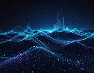 Digital landscape with illuminated waves and data points in shades of blue and purple
