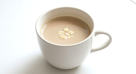 Mug of oat milk with oats on a white background vegan dairy-free beverage drink healthy breakfast cereal