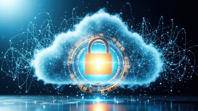 Secure cloud computing concept with padlock and digital network lines protecting data - Powered by Adobe
