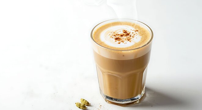 Masala chai latte with cardamom pods on white background tea drink beverage coffee cinnamon spice indian