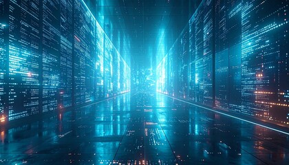 Smart tech brand abstract backdrop, floating holographic panels with subtle code patterns, soft glowing gradients, sapphire–cyan corporate harmony.