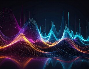 Digital abstraction featuring vibrant, fluid waveforms in shades of blue, purple, and gold