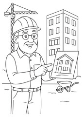 Coloring book Father architect supervising building site with clipboard