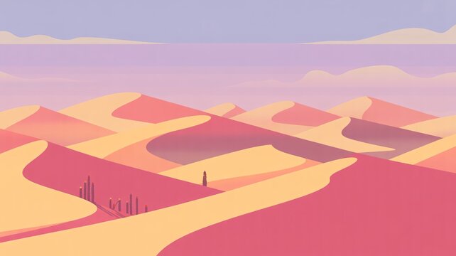 Desert landscape illustration background pink sand dunes pastel sky art design - Powered by Adobe