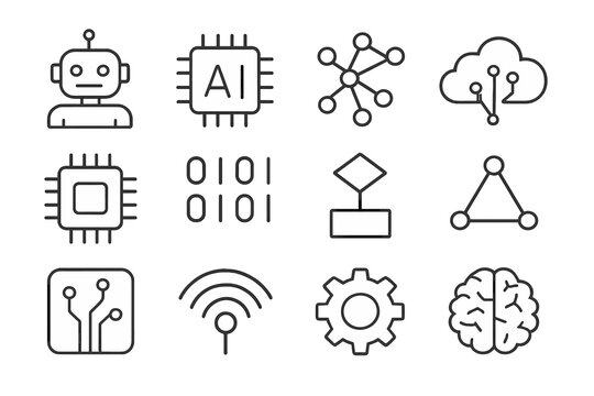 AI Technology Icons. AI technology. Line outline icon set of AI technology: robot, processor, neural net,