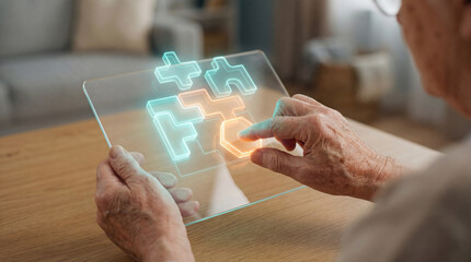 Senior hands playing futuristic holographic puzzle game on glass tablet.
