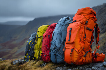 A row of colorful hiking backpacks standing upright against a mountain backdrop