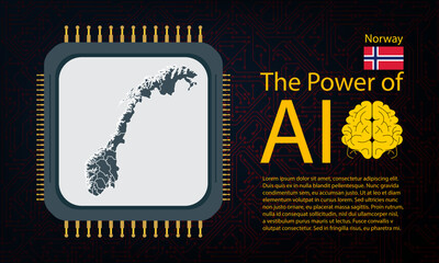 Norway map with microchip war and AI concept on circuit board, Power of AI with country map. Global connectivity with big data.
