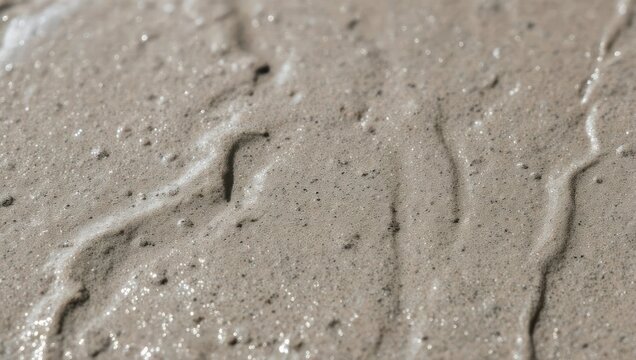 Close-up of Wet Muddy Surface with Streaks and Small Particles.