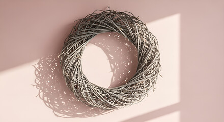 Rustic grapevine wreath casting a soft shadow on a pink wall, ideal for DIY and home decor projects