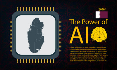 Qatar map with microchip war and AI concept on circuit board, Power of AI with country map. Global connectivity with big data.