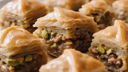 Close-up shot of delicious baklava pastries with nuts and syrup.