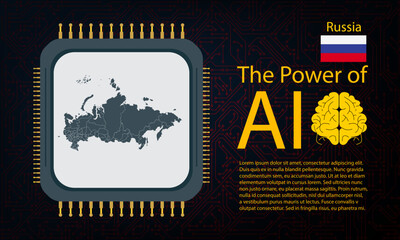Russia map with microchip war and AI concept on circuit board, Power of AI with country map. Global connectivity with big data.